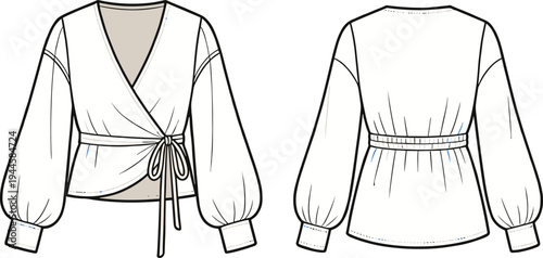 Women's wrap blouse fashion technical sketch showing front and back views with puff sleeves, waist tie belt, flat apparel template isolated for design production