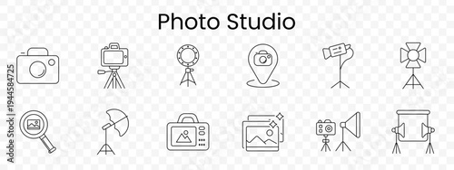 Photo studio set icon. Outline photography equipment, camera body, tripod camera, ring light, location pin camera, video light, studio lamp, magnifier photo, umbrella light, photo printer