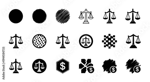 Collection of justice scales and financial icons representing legal and economic concepts