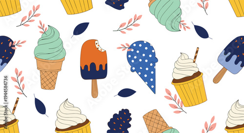 Seamless ice cream pattern with colorful popsicles, waffle cones, cupcakes, leaves and sweet dessert elements on light background