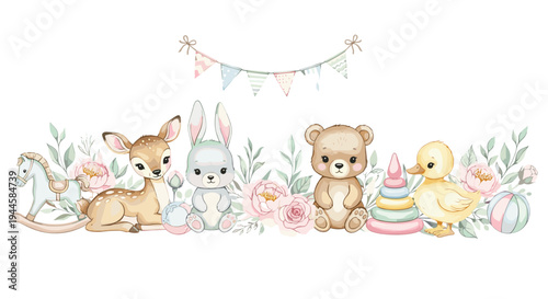Cute baby animals and toys border with flowers and bunting, perfect for nursery decor
