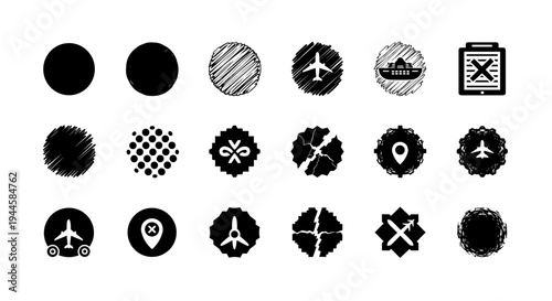 Collection of diverse black icons representing travel, abstract shapes, and symbols on a white background