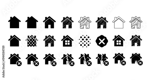 Collection of house icons representing different conditions and statuses for real estate