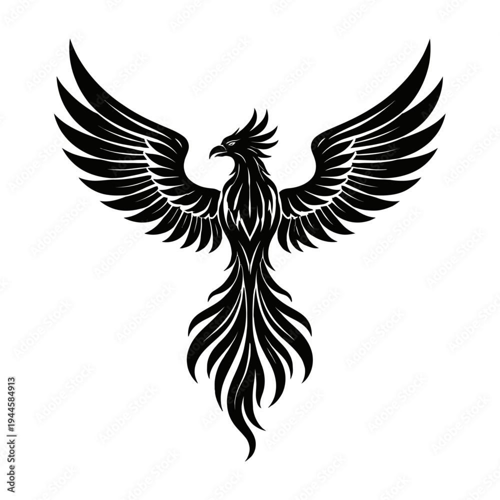 Fototapeta premium Majestic Black Phoenix with Grand Spread Wings, a Powerful Emblem of Rebirth, Resilience, and Mythical Strength. This Striking Stylized Vector Illustration Captures the Essence of Ancient Legends, End