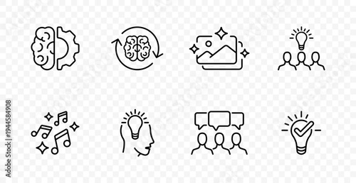 Creative idea set icon. Brain process, thinking cycle, image inspiration, team idea, music creativity, mind concept, discussion, approved solution