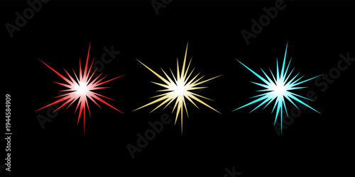 A series of red, white, and blue flashes of light. Lens flares, starbursts.