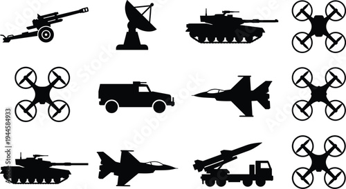 Integrated tactical military systems vector catalog featuring silhouettes of tanks fighter jets drones radar and mobile missile launchers.