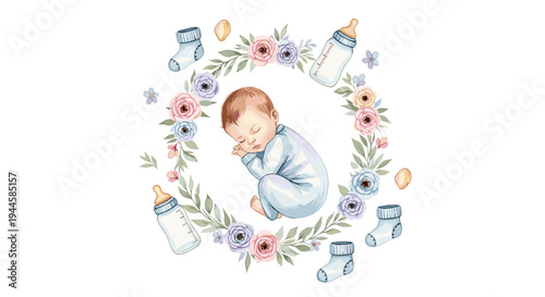Watercolor illustration of a sleeping baby surrounded by a floral wreath with baby items