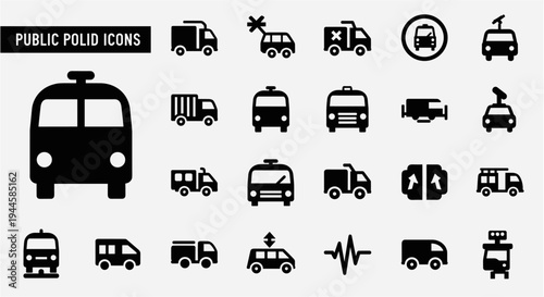 Collection of public transport and vehicle icons in a clean, modern, minimalist style