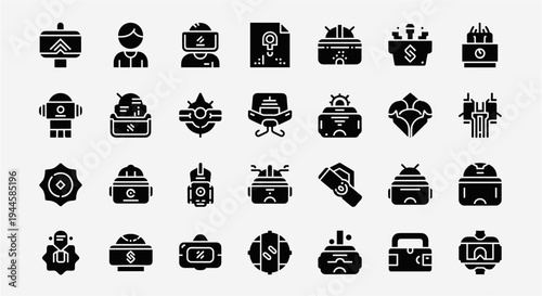 Collection of futuristic technology and sci-fi icons for digital design projects