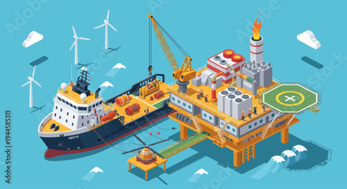Offshore Oil Rig and Supply Ship with Wind Turbines, Isometric Illustration