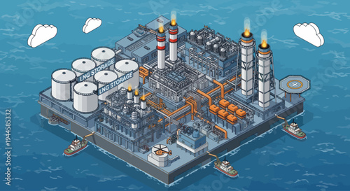 Offshore Oil Platform with Ships and Helicopter, Isometric Pixel Art