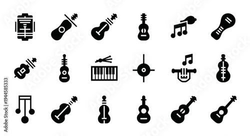 Collection of musical instrument icons and symbols on a white background