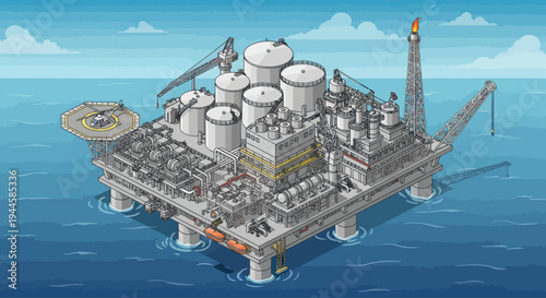 Offshore Oil Rig Platform in Isometric View, Deep Sea Drilling Station with Helipad