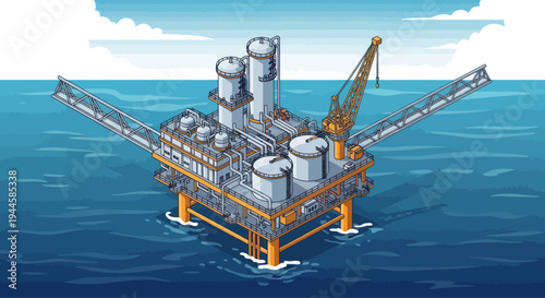 Offshore Oil Rig Platform with Crane in the Ocean, Industrial Maritime Structure