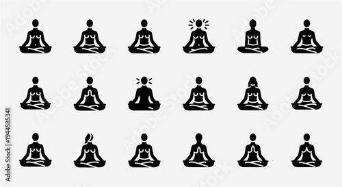 Collection of diverse yoga meditation icons in a lotus pose, representing mindfulness and inner peace