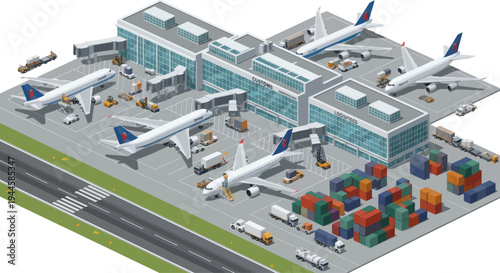 Modern Airport Terminal with Airplanes, Cargo Containers, and Vehicles in Isometric View
