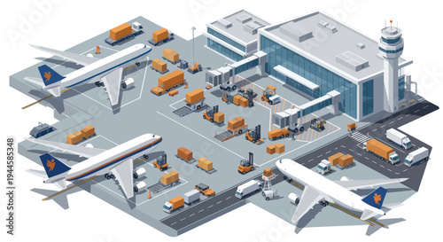 Isometric Airport Cargo Terminal with Airplanes, Trucks, and Logistics Equipment