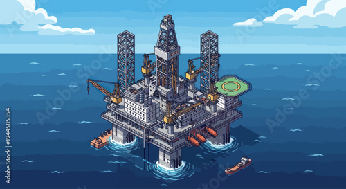 Pixel Art Oil Rig Platform in the Ocean with Supply Ship