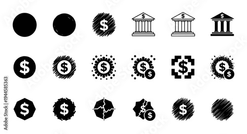 Collection of diverse dollar sign icons representing financial concepts and transactions