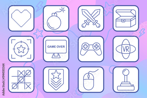 Air travel service set icon. Outline tiles, globe flight, airplane rotation, headset operator, boarding pass, luggage cart, pilot portrait, crash impact, runway front view, propeller, parachute.