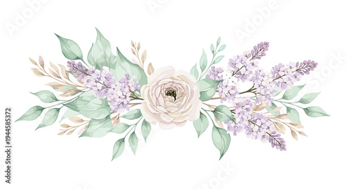 Elegant watercolor floral arrangement with pale rose and lilac blossoms and green leaves