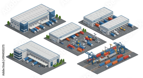 Isometric Logistics Warehouses and Shipping Containers with Trucks and Cranes