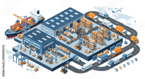 Global Logistics Warehouse: Ships, Trucks, Planes, and Boxes - Isometric View