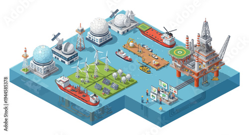Offshore Energy Production: Oil Rig, Wind Turbines, Ships, and Satellites