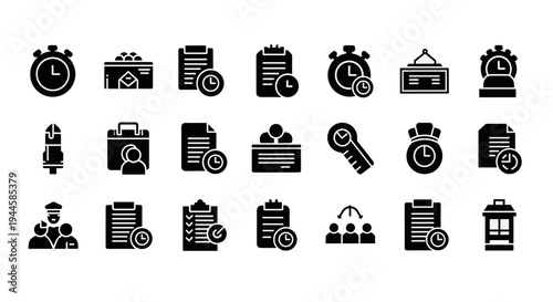 Collection of business and time management icons in a flat design style