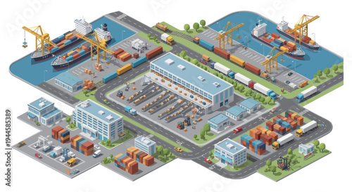 Isometric Industrial Port with Cargo Ships, Cranes, Trucks, Trains, and Warehouses