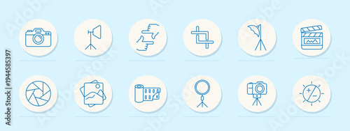 Photography set icon. Outline collection with camera, studio light, hands gesture frame, crop tool, umbrella light, clapperboard, aperture shutter, photo stack, film roll, ring light tripod