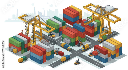 Busy Shipping Port with Cranes, Containers, Trucks and Forklifts - Isometric Illustration