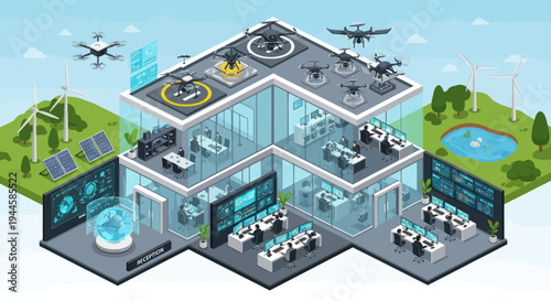 Modern Drone Operations Center with Technology and Renewable Energy