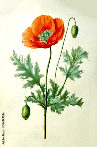 Vibrant red poppy flower surrounded by lush green leaves. The image showcases natural beauty and artistic style. Perfect for floral designs or nature themes. AI