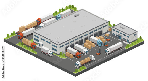 Isometric logistics warehouse with trucks, forklifts and cargo