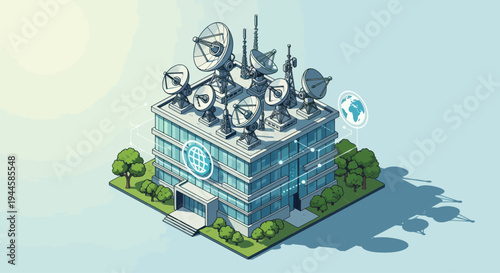 Modern Communication Building with Satellite Dishes and Global Network