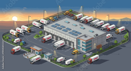 Pixel Art Logistics Warehouse with Trucks and Delivery Vans at Sunset