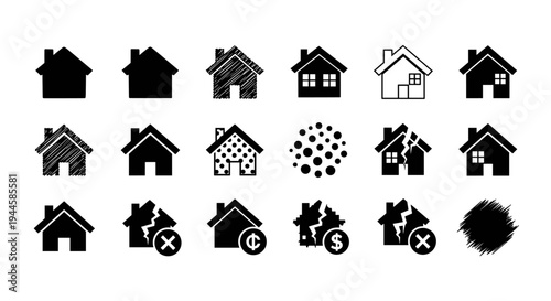 Collection of diverse house icons representing different real estate concepts and conditions