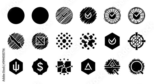 Collection of diverse black and white icons representing various concepts and symbols