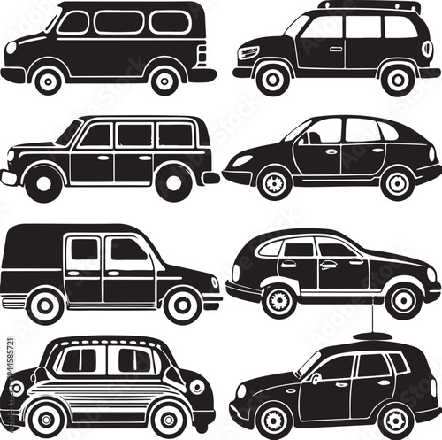 Different types of car silhouettes for automotive industry design and vehicle icon set pack