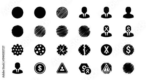 Collection of diverse black icons representing business, finance, and warning symbols on white background