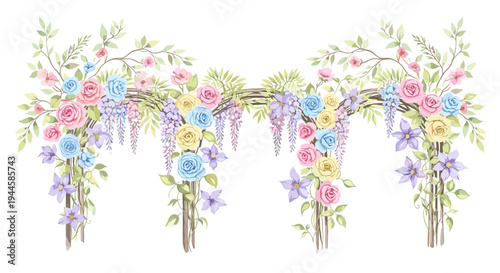 Elegant floral archway adorned with pastel roses, wisteria, and clematis for celebrations