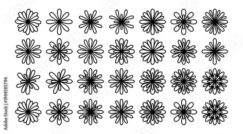 A collection of simple black line art flowers arranged in rows on a white background, ideal for use in design projects, decoration, and illustration.