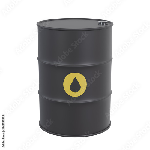 Black oil drum barrel with a yellow oil drop logo. This 3D metallic container is tilted at a diagonal angle on a transparent background for industrial energy and fuel commerce concepts.