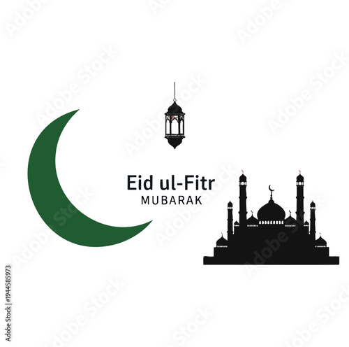 Eid ul-Fitr Mubarak" greeting card design featuring a vibrant crescent moon, elegant mosque silhouette, and traditional lantern, symbolizing Islamic celebration and blessings