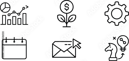 Business growth strategy icons with graphs calendars and gears