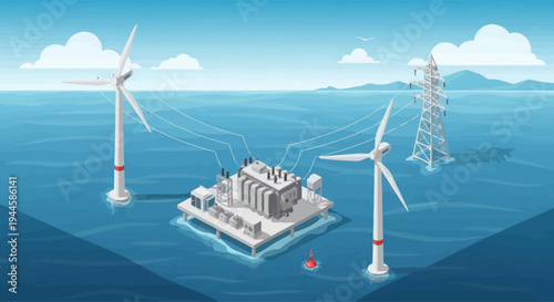 Offshore wind farm with transformer station and power lines, clean energy concept