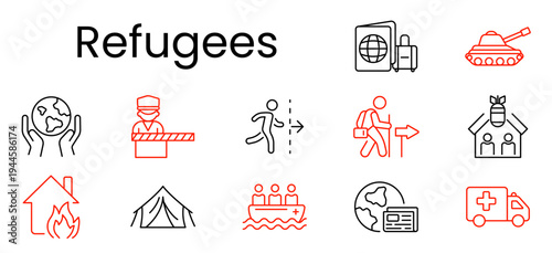 Refugees set icon. Outline pictograms, globe hands, border officer barrier, running person crossing, traveler with arrow, damaged house, tent camp, boat group, passport globe, ambulance, tank