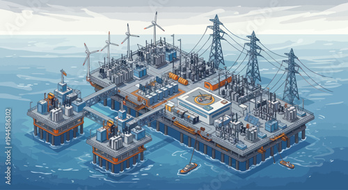 Offshore Power Plant: Wind Turbines, Solar Panels, Oil Rig, and Transmission Towers